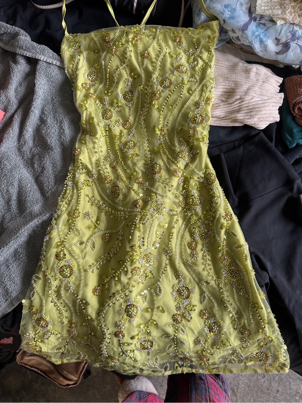 Embellished Yellow Green Spaghetti-Strap Dress